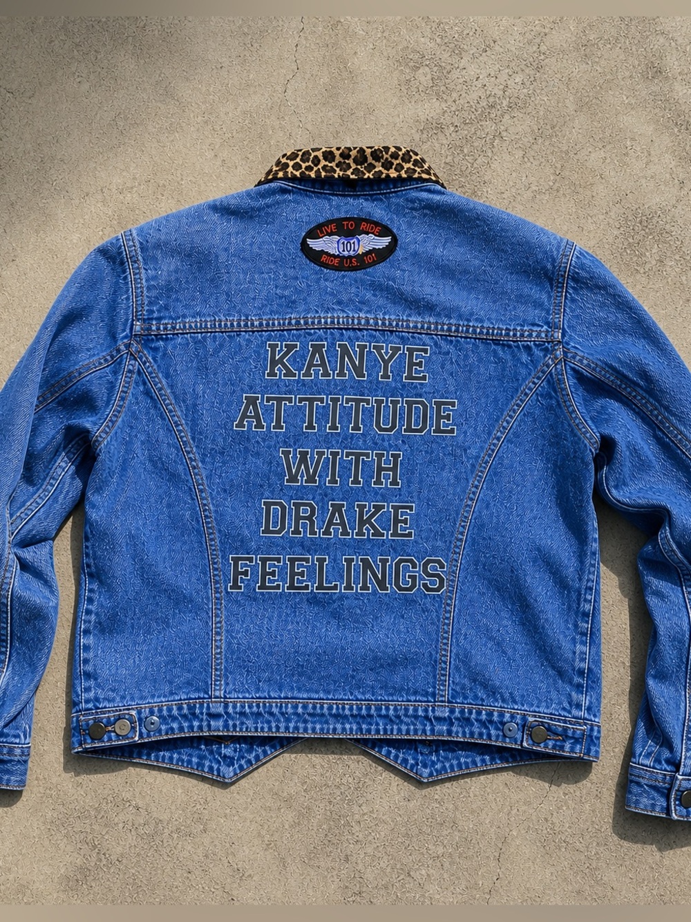 Denim Jacket with Leopard Collar and Statement Back Text